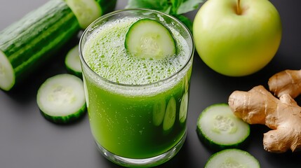 A close-up shot of a refreshing green juice in a crystal-clear glass, with condensation forming on the outside, signifies its freshness. Surrounding the drink are slices of cucumber, green apples,