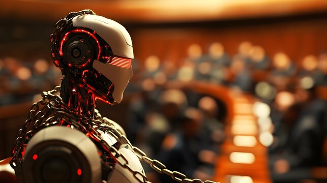 A humanoid AI robot, bound in metallic chains, stands in a high-tech courtroom, with holographic evidence projected around it, and a serious jury observingSci-fi, Digital illustration
