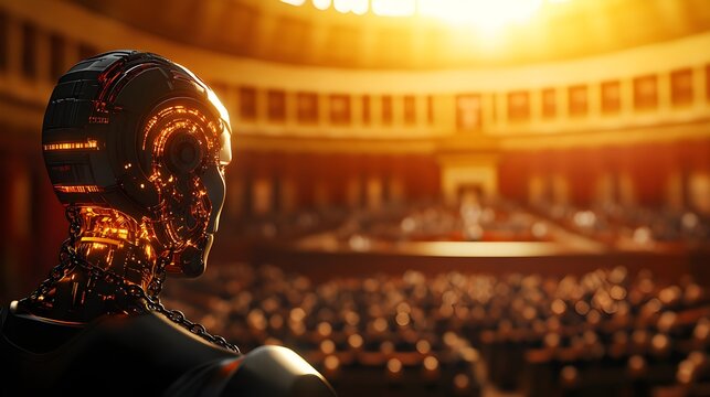 A humanoid AI robot, bound in metallic chains, stands in a high-tech courtroom, with holographic evidence projected around it, and a serious jury observingSci-fi, Digital illustration