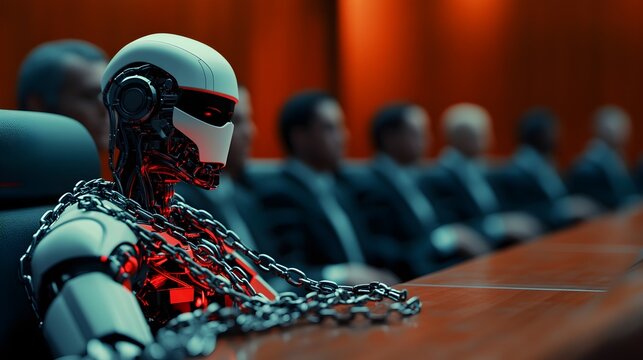 A humanoid AI robot, bound in metallic chains, stands in a high-tech courtroom, with holographic evidence projected around it, and a serious jury observingSci-fi, Digital illustration