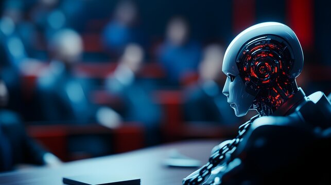 A humanoid AI robot, bound in metallic chains, stands in a high-tech courtroom, with holographic evidence projected around it, and a serious jury observingSci-fi, Digital illustration