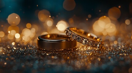 Golden Wedding Rings Against a Sparkling Background, Perfect for Adding Text or Design Elements.