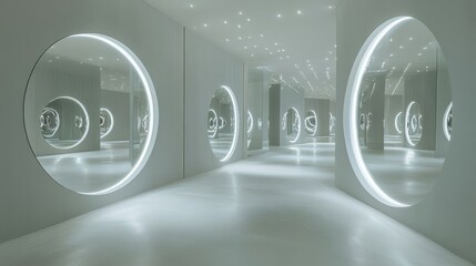 Minimalist art gallery featuring multiple circular mirrors reflecting light at different angles, casting soft glows and subtle reflections on the walls