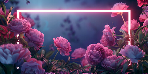 Neon Frame with Pink Flowers Background