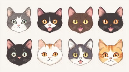 Fototapeta premium A set of cat faces with different colors and expressions