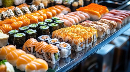 A variety of sushi rolls are displayed on a counter