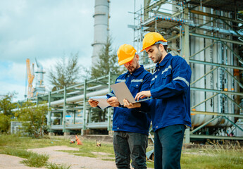 Teamwork Industry in oil refinery equipment Check and check the condition of the machinery system , Engineering concept.