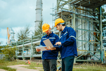 Teamwork Industry in oil refinery equipment Check and check the condition of the machinery system , Engineering concept.