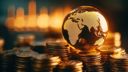A glowing world globe overlay on stacks of gold coins, symbolizing global finance, investment, and prosperity.