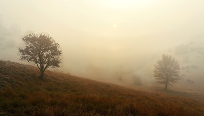 Obraz premium Misty Sunset Landscape with Leafless Trees