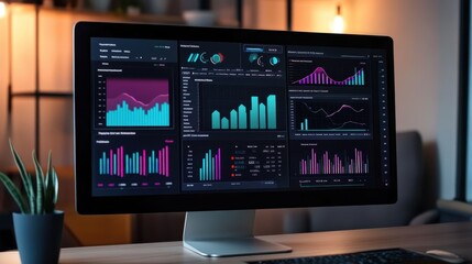 A computer monitor displays several graphs and charts