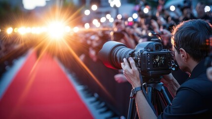 Paparazzi Taking Pictures on Red Carpet at Glamorous Awards Event with Audience