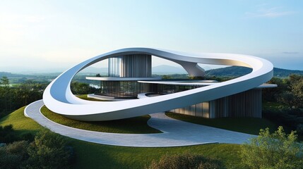 Obraz premium A modern structure shaped like an infinity loop, with interconnected levels and smooth, continuous curves. The unique form allows for open spaces and impressive views from all angles.