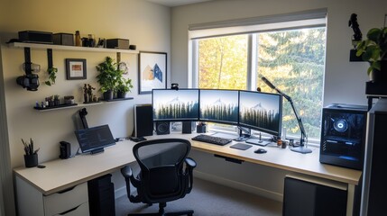 A computer workstation with a black chair and a desk with a computer monitor