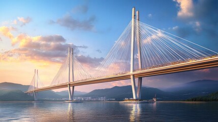 Obraz premium A modern suspension bridge under construction, with tall towers rising from the water. Cables are being stretched and connected while engineers oversee the tensioning process.