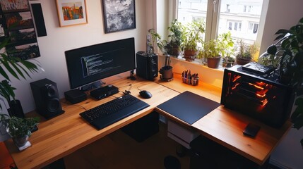 A computer desk with a keyboard, mouse, and two monitors