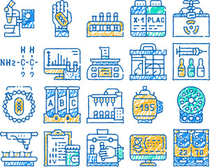 vaccine production doodle icons set vector. sketch line art electronic microscope and thermoreactor equipment, dna vaccine and search formula color illustrations