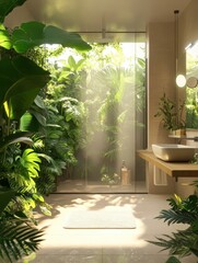 A bathroom with a shower and a sink