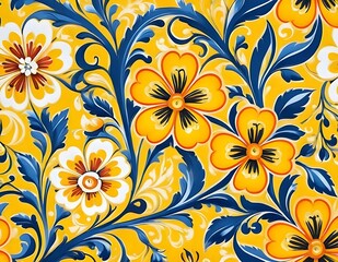 Fototapeta premium Norwegian Scandinavian rosemaling traditional handpainted folk art in bright yellow floral pattern