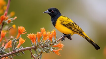Fototapeta premium A yellow and black bird is perched on a branch of a tree