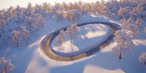 A serene winter wonderland view of a winding snow-covered path through a tranquil forest glistening under the soft sunlight, creating a peaceful and inviting atmosphere