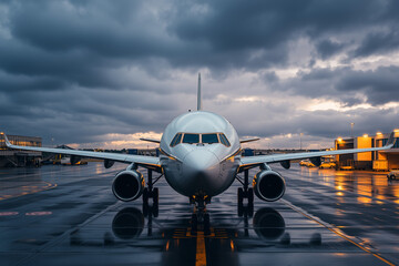 Passenger Airplane on Wet Runway at Dusk.generative AI