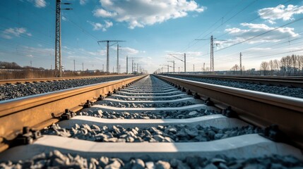 A nearly completed high-speed railway with final adjustments being made to the tracks. The sleek rails stretch far into the distance, ready for modern train traffic.