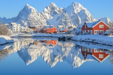 Fototapeta premium Winter Wonderland Quaint Village, Snowy Mountains, and Tranquil Lake Reflections in Norway