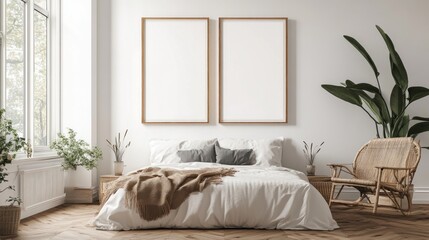 Minimalist Bedroom Interior with Two Empty Frames