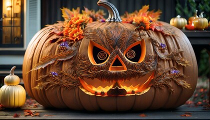 A creatively carved Halloween pumpkin with glowing eyes and autumn leaves, perfect for festive decorations and seasonal vibes.