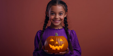 Spooky Halloween: Teen Holding Glowing Jack-o'-Lantern on Solid Orange
