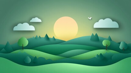 Serene landscape featuring rolling hills and a gentle sunrise with clouds and trees in a tranquil setting