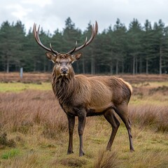 Majestic Red Deer Stag, With Large Antlers, Stands Proudly in an Autumn Heath Landscape.