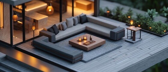 Obraz premium Modern outdoor living space with cozy furniture setup