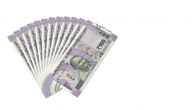 3d Animation showing multiple notes of 100 rupee notes of Indian currency on a clean white background with green screen and alpha matt to remove or replace the background