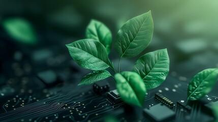 Green Circuit Board Morphing into Lush Natural Foliage Symbolizing Eco Friendly Technology