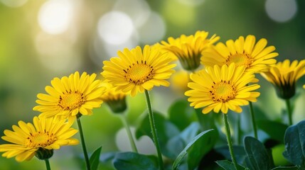 Obraz premium Bright yellow flowers in a lush green setting.