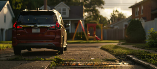 Suburban driveway with a car at sunset, playset nearby.