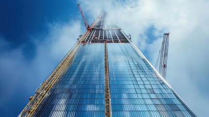 A towering skyscraper under construction, with cranes lifting steel beams into place at the top floors. Workers secure the structure as the building pierces the clouds.