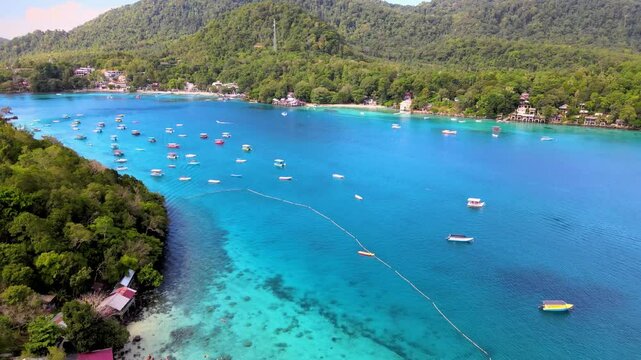 Docked Motorboats Lined Up by the Emerald Sea Shoreline