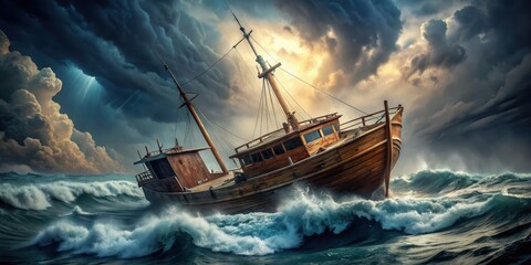 Obraz premium Old wooden ship being tossed around in a fierce storm , stormy weather, vintage, naval, maritime, vessel