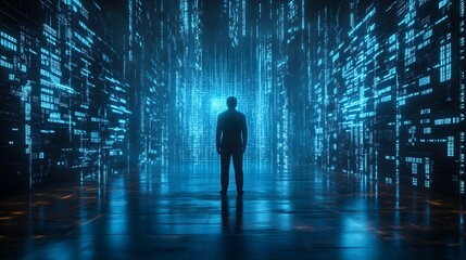 High-tech interrogation chamber, glowing blue neon lights cast sharp shadows, subject in dark silhouette, surrounded by holographic data streams, Futuristic, 3D rendering