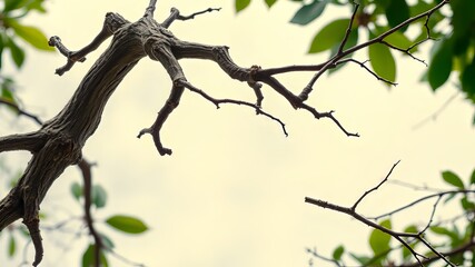 Fototapeta premium A delicate fork of gnarled branches meets the sky, textured with weathered knots and curling limbs, against a