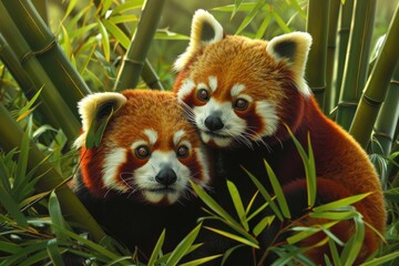 Obraz premium red pandas are seen amidst the bamboo, their faces full of curiosity. The green leaves and their fluffy tails create a picture of pure charm and natural beauty.
