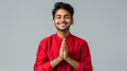 Obraz premium Young Indian man wearing a red elegant shirt, standing over an isolated grey background with hands together and crossed fingers, smiling relaxed and cheerful. Success and optimism.