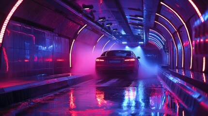 An automated car wash tunnel with vibrant LED lighting where cars are cleaned with rotating brushes and high-pressure water jets, delivering a spotless shine.
