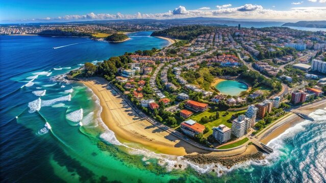 Panoramic drone aerial view of Freshwater, Queenscliff, and Manly beaches in Sydney, Australia, aerial view