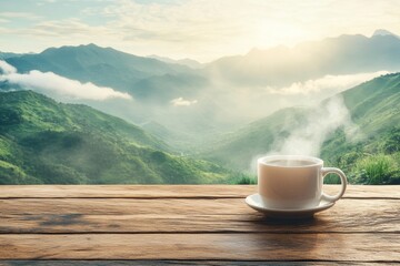 Steaming Cup of Coffee on Wooden Table, Serene Mountain View With Lush Green Landscape