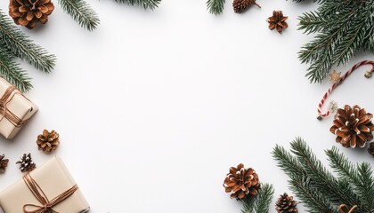 Fototapeta premium Christmas Greeting Card Background With Decorations, Gifts And Fir Tree Branches On White Table
