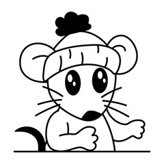 Comic style icon of winter rat wearing beanie  